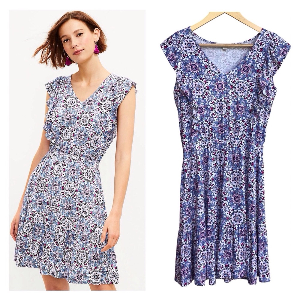 LOFT Floral‎ Medallion V-Neck Maxi Dress - Blue & Pink Size M